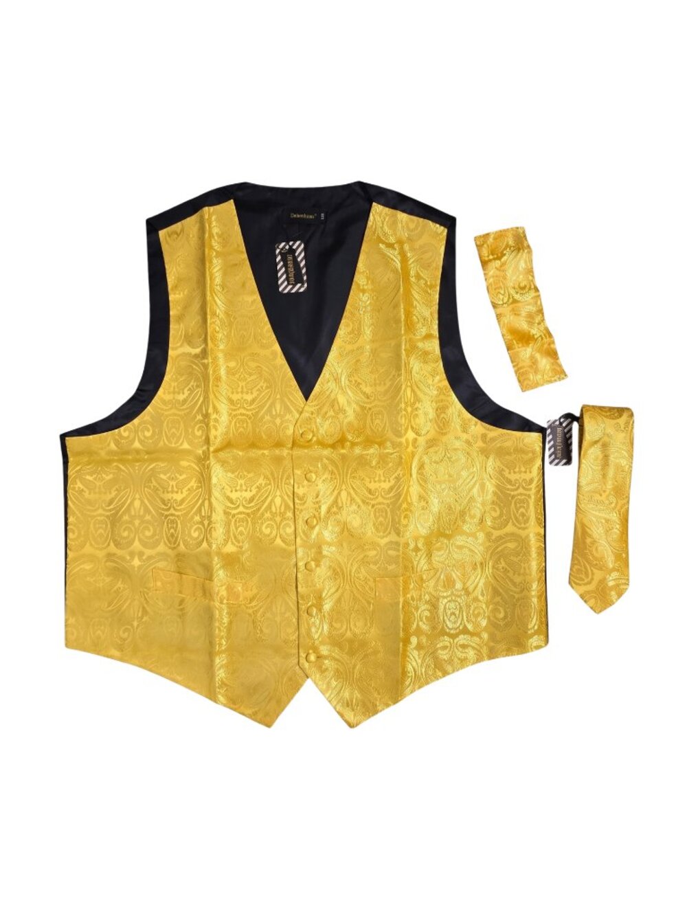 NWT | DiBanGu Gold Paisley Formal V-Neck Suit Vest & Accessories Set XXL